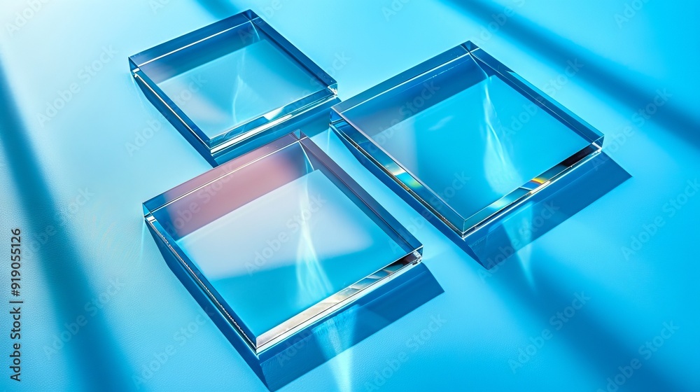 A set of three clear glass squares on a blue surface A set of three clear glass squares on a blue surface