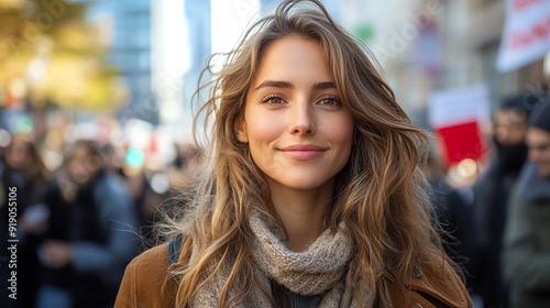 Portrait of a young woman smiling in a vibrant urban setting, radiating positivity and confidence amidst a busy crowd.