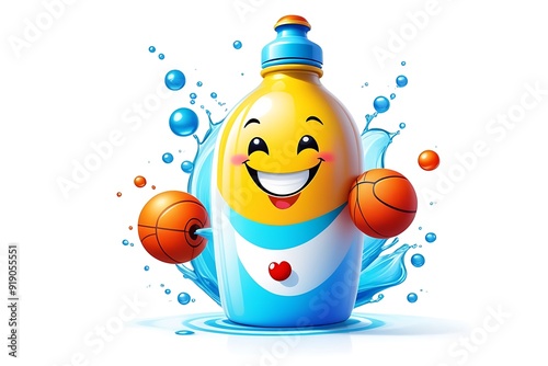 Illustration of Cartoon bottle with basketball and water splash on white background photo