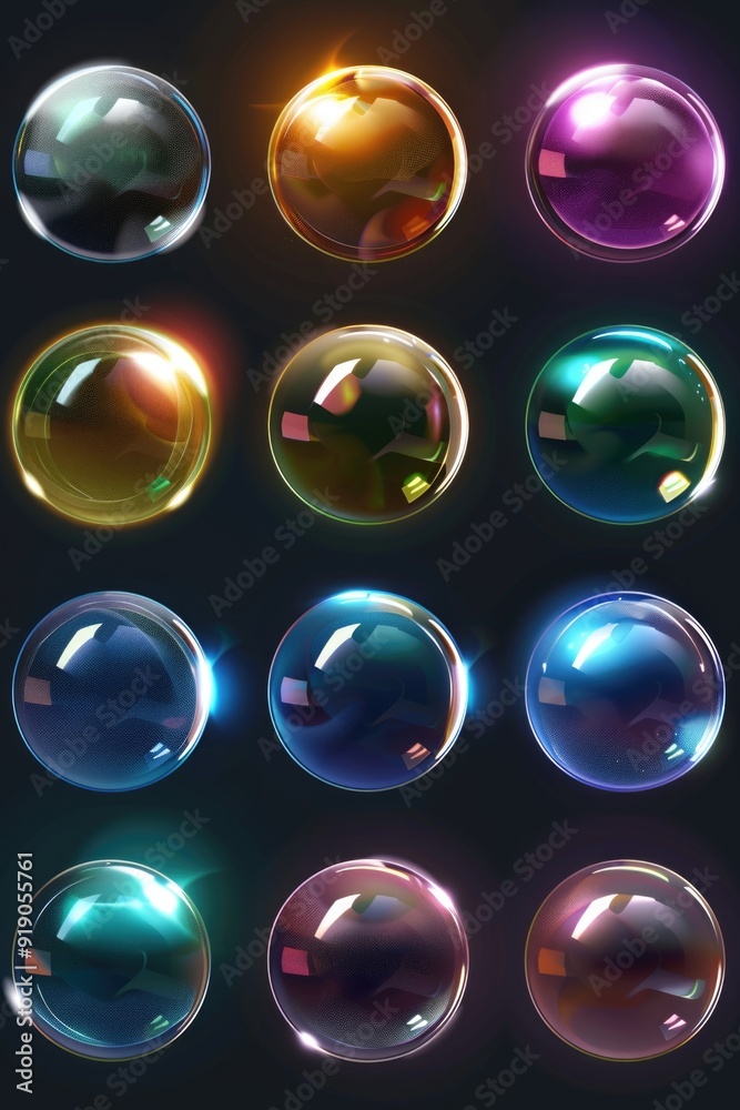 A collection of colorful bubbles floating on a dark, black surface A collection of colorful bubbles floating on a dark, black surface