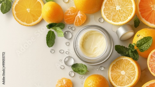 Skincare cream jar surrounded by fresh citrus fruits and mint leaves for natural beauty concept