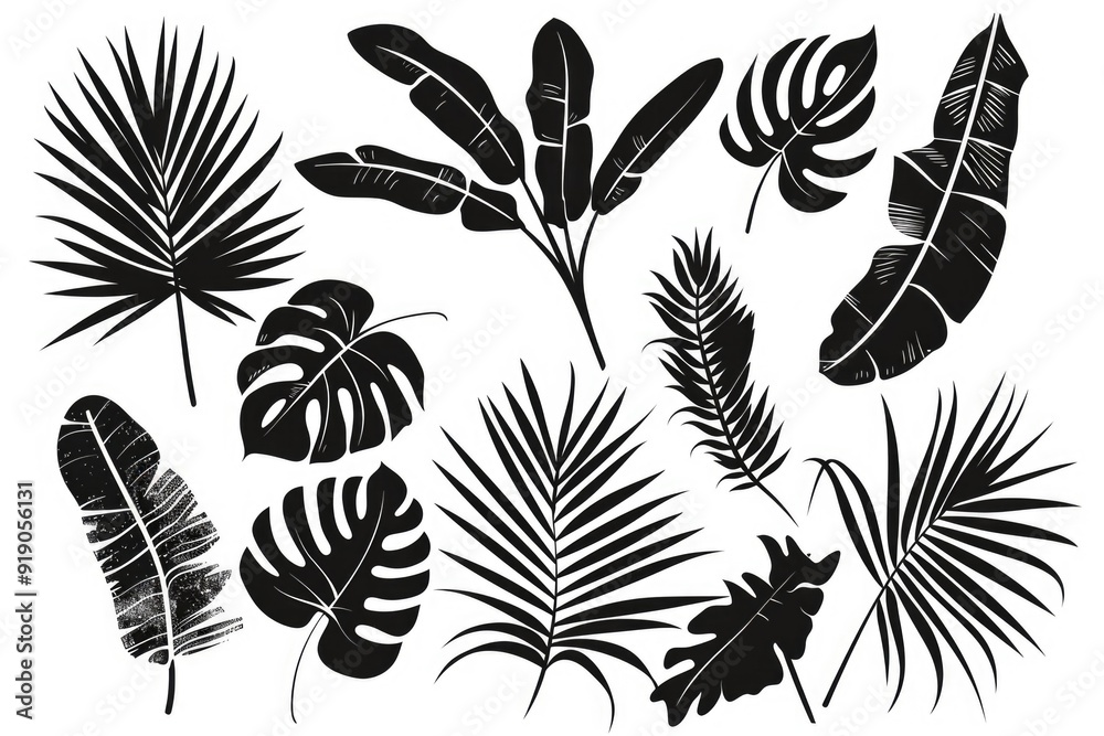 Black and white silhouettes of tropical leaves, ideal for use in designs and illustrations related to nature, travel, or botany