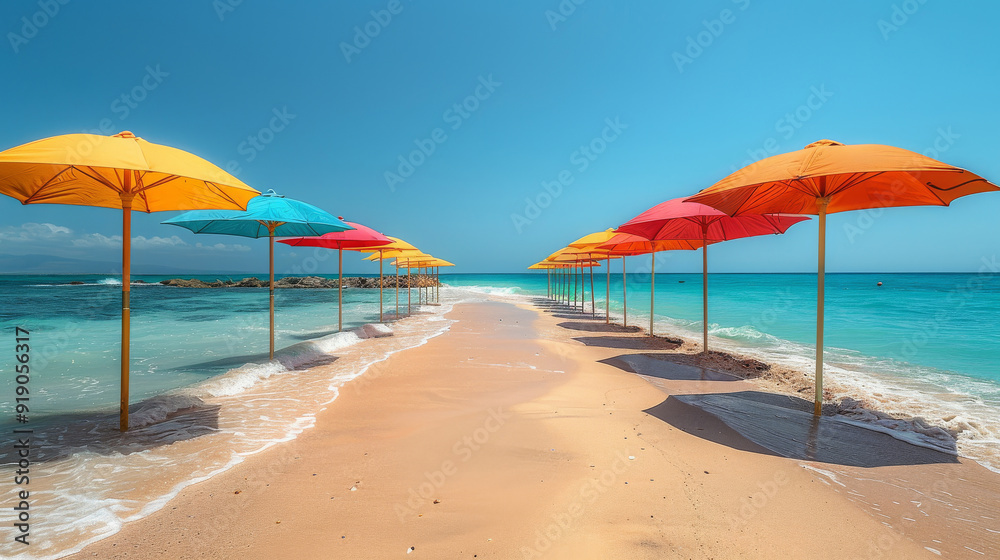 Visualize a row of colorful sun umbrellas lined up along a sandy beach with turquoise waters stretching to the horizon Visualize a row of colorful sun umbrellas lined up along a sandy beach with turquoise waters stretching to the horizon