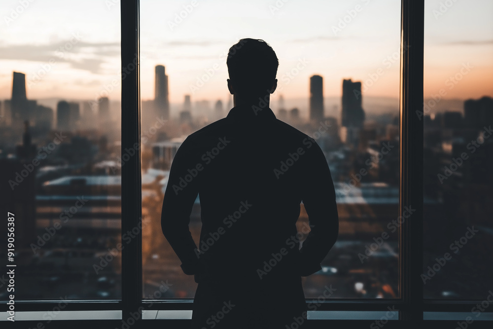 Silhouette of man looking out city window at sunrise. Silhouette of man looking out city window at sunrise.