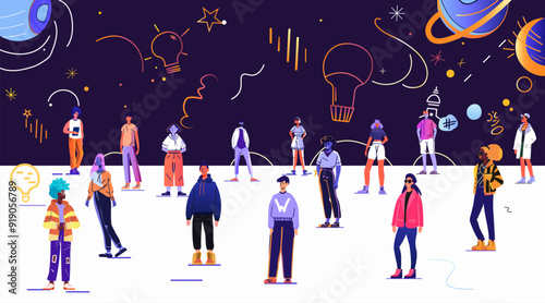 Diverse people standing against a cosmic-themed background with planets stars lightbulbs and abstract shapes. Modern colorful design