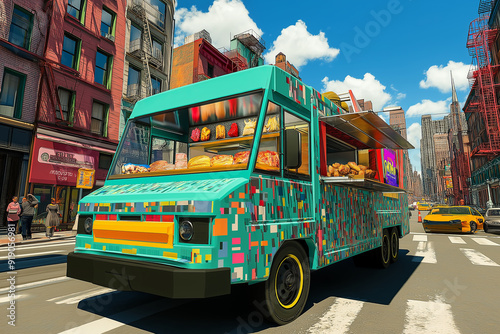 Colorful food truck parked on city street with tasty treats.