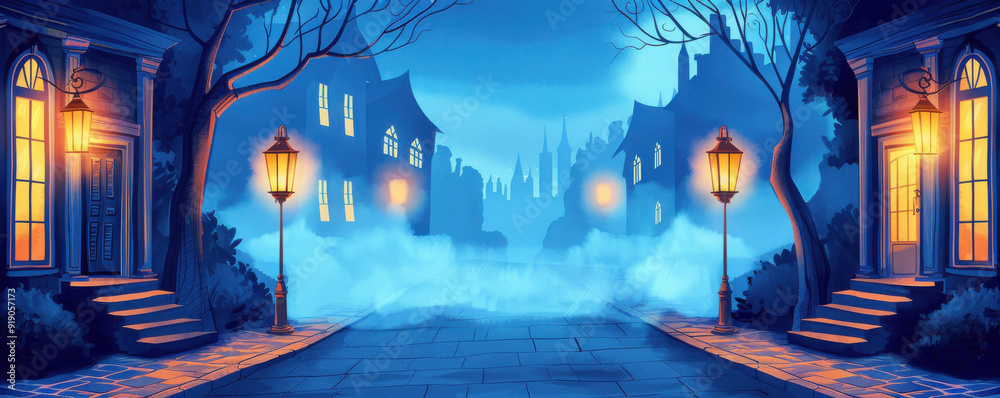 Obraz premium Dark alley, flickering lanterns and fog, spooky night