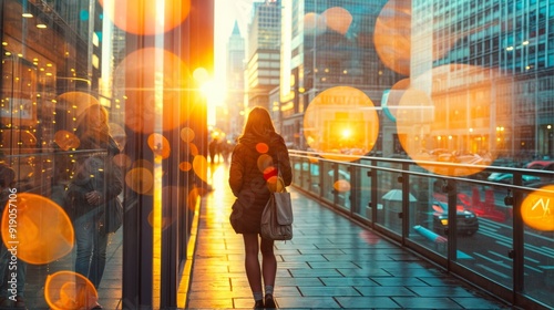 Woman walking through a city street at sunset with reflections and bokeh lights, capturing a serene urban moment..