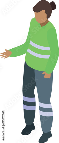 Emergency doctor wearing green uniform with reflective stripes standing in isometric 3d style