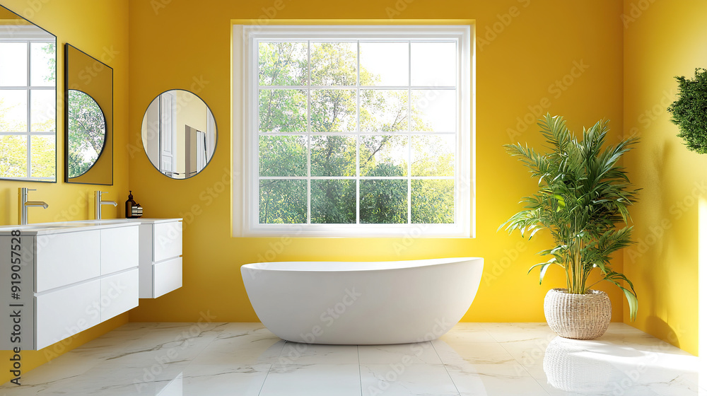 3D rendering of a bright yellow bathroom with a white bathtub and marble floor 3D rendering of a bright yellow bathroom with a white bathtub and marble floor