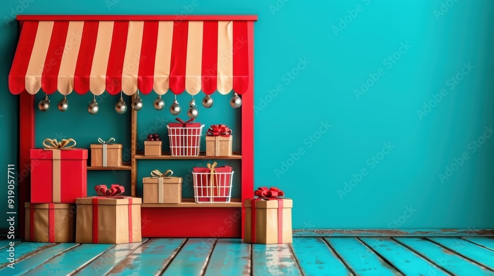 A cheerful display of red and gold wrapped gifts on a festive stand with a striped awning, set against a vibrant turquoise background, evoking holiday spirit. A cheerful display of red and gold wrapped gifts on a festive stand with a striped awning, set against a vibrant turquoise background, evoking holiday spirit.