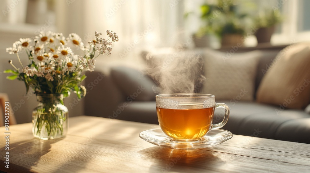Steaming Cup of Tea on a Wooden Table with Daisies Steaming Cup of Tea on a Wooden Table with Daisies