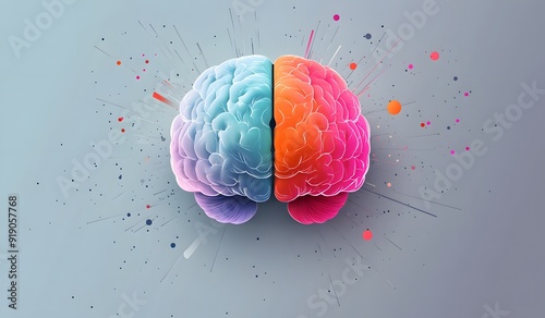 Concept of creative thinking with two half human brains, with the left side showing a colorful artistic style and the right side showing a gray technical symbolic background. 