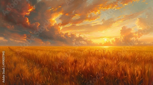 Golden Hour Sunset Over a Wheat Field.