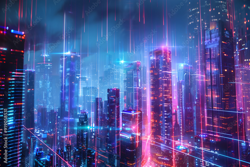 Futuristic Neon Cityscape at Night, A vibrant and futuristic cityscape illuminated by neon lights, featuring towering skyscrapers. The image captures the essence of a high-tech metropolis, blending cy