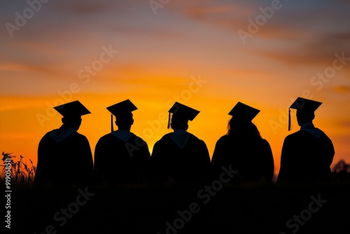 silhouettes graduates graduation caps sunset