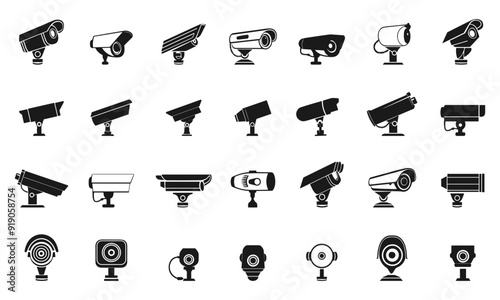 CC tv Camera icons set. Security camera silhouettes. Different angles. Warning sign. Side and front view.Video surveillance. Black and white vector flat style clipart collection
