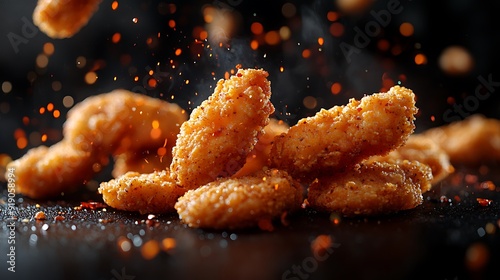 Crispy fried chicken nuggets with chili flakes, black background.