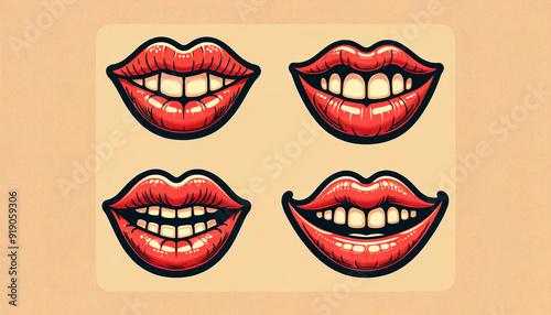 Cartoon-style lips expressions on a white background. Badges, stickers, design elements, prints for T-shirts. photo