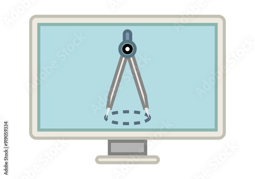 Monitor o pantalla de pc con compás representando aplicación de diseño
