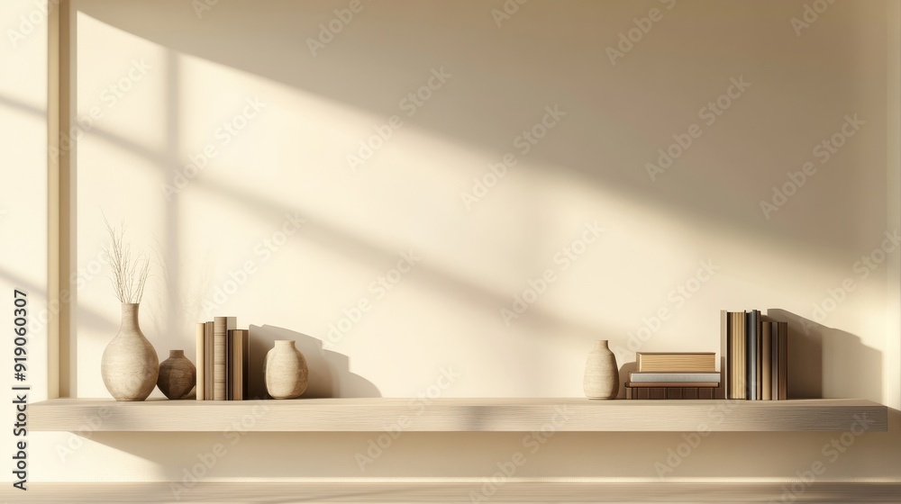 Wooden Shelf with Vases, Books, and Branch Decor Wooden Shelf with Vases, Books, and Branch Decor