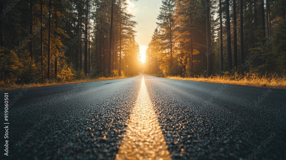 Sunset Road Through Forest with Sunlight Breaking Through Trees - Serene Nature Landscape