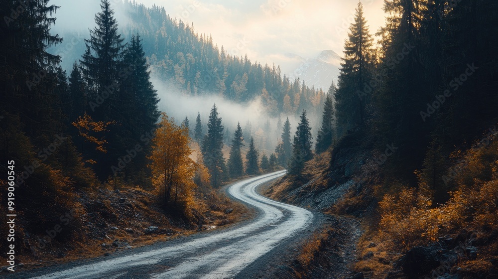 Serene Mountain Road Winding Through Misty Forest with Autumn Foliage and Morning Sunlight Serene Mountain Road Winding Through Misty Forest with Autumn Foliage and Morning Sunlight
