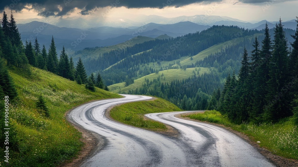 Winding Mountain Road Through Lush Green Hills and Pine Forests Under Dramatic Cloudy Sky Winding Mountain Road Through Lush Green Hills and Pine Forests Under Dramatic Cloudy Sky