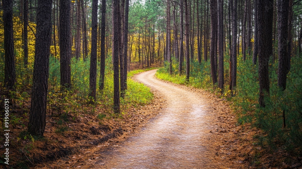 Serene Forest Pathway Winding Through Tall Pine Trees in Autumn with Golden Leaves and Green Foliage Serene Forest Pathway Winding Through Tall Pine Trees in Autumn with Golden Leaves and Green Foliage