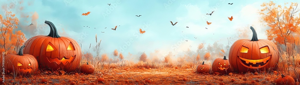 A fall harvest scene with large, plump pumpkins scattered across a field, and a few carved with festive Halloween faces A fall harvest scene with large, plump pumpkins scattered across a field, and a few carved with festive Halloween faces