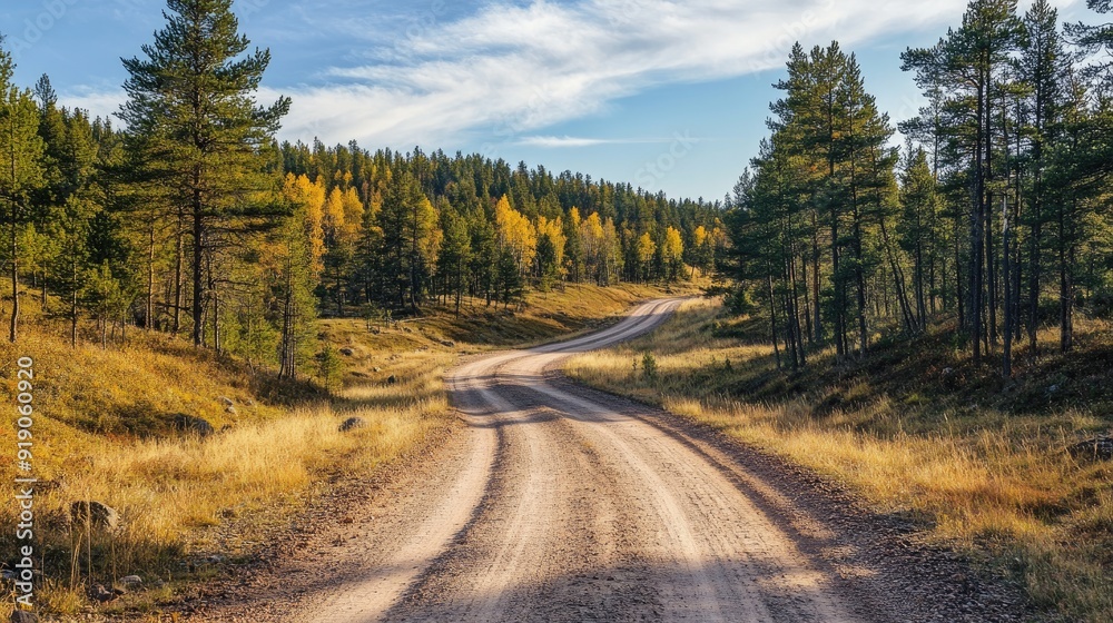 Scenic Dirt Road Winding Through Autumn Forest with Vibrant Foliage and Blue Sky Scenic Dirt Road Winding Through Autumn Forest with Vibrant Foliage and Blue Sky