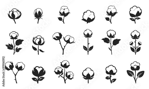 Cotton icons set. Monochrome stylized cotton flowers. Organic fluffy boll plant. Clothing decorative elements packaging fabric label. Black and white isolated vector clipart collection