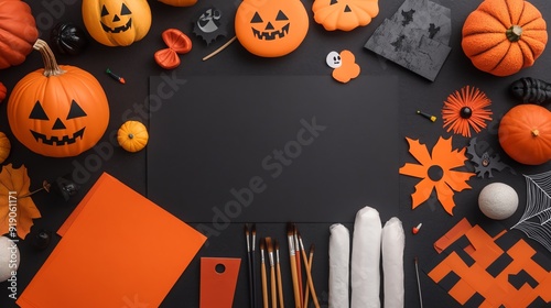 Table full of Halloween art supplies and completed crafts photo