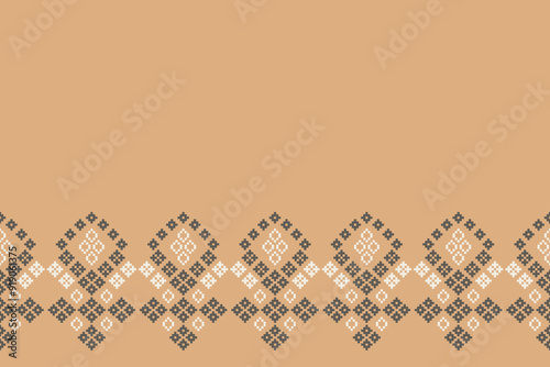 Traditional ethnic motifs ikat geometric fabric pattern cross stitch.Ikat embroidery Ethnic oriental Pixel brown cream label background. Abstract,vector,illustration. Texture,decoration,wallpaper.