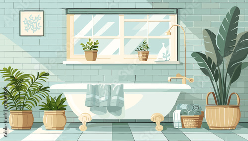 Cozy interior of bathroom background. Bath basket with cloth and towels pots with green plants window. Light blue beige colors. Modern apartment concept. Flat cartoon vector style illustration