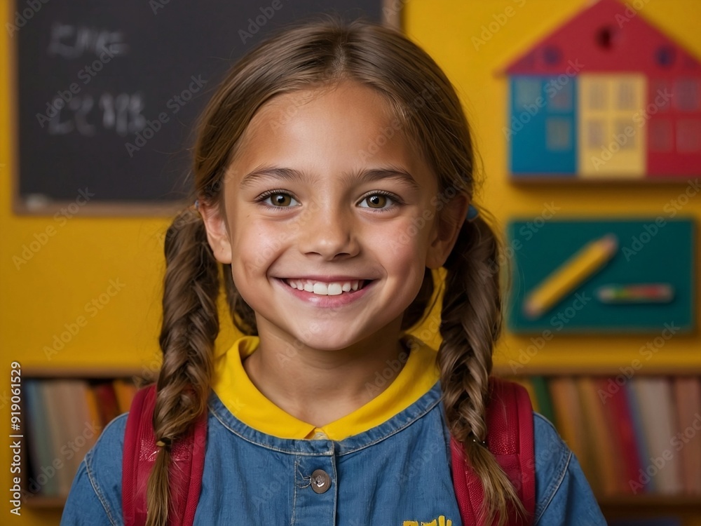 A bright-eyed elementary student girl with a contagious smile stands confidently in front of a vibrant yellow background.