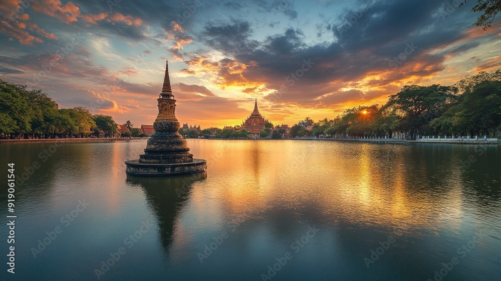 Stunning Sunset Over Ancient Temple Reflected in Tranquil Lake with Dramatic Sky Stunning Sunset Over Ancient Temple Reflected in Tranquil Lake with Dramatic Sky