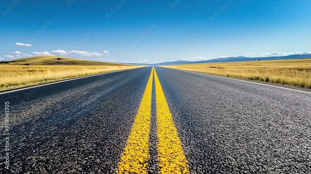 Fototapeta premium An empty road stretching into the distance, with yellow lines running down its center and a blue sky overhead.
