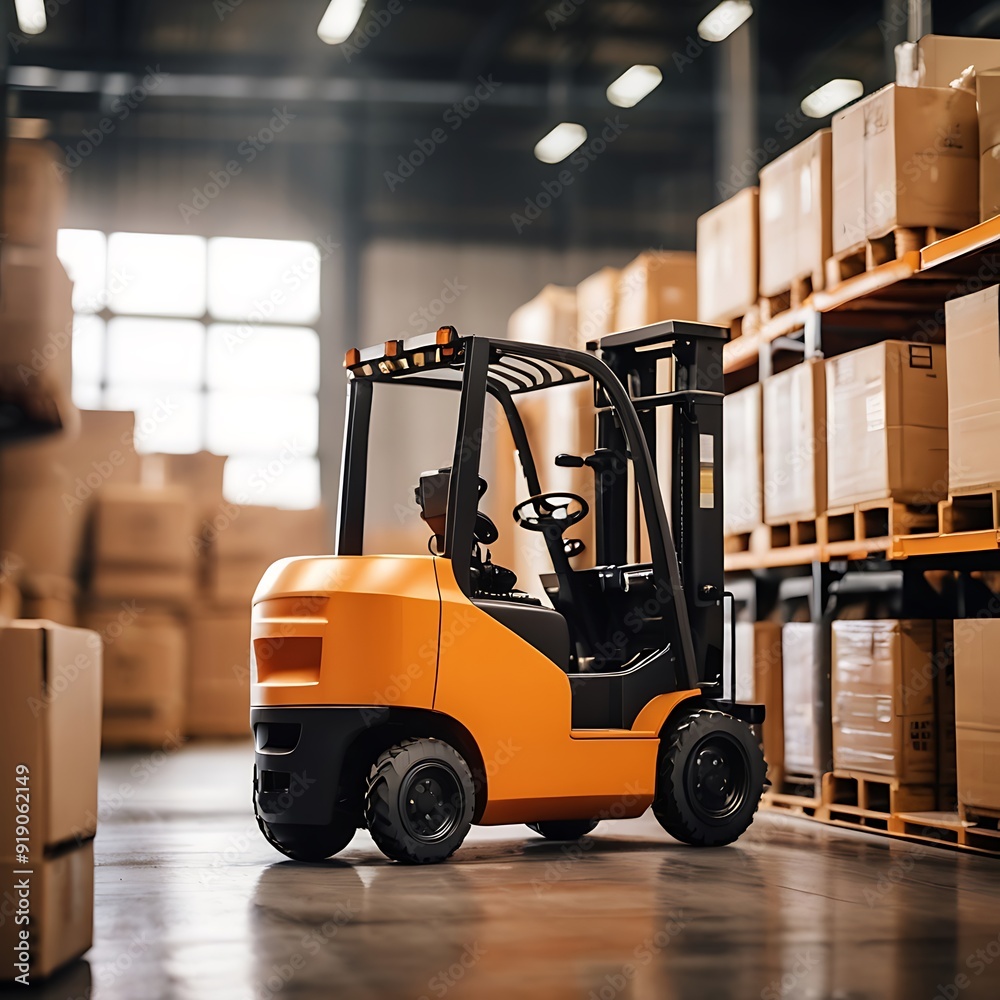 forklift truck lifting wooden pallet cartoon boxes in a warehouse full of containers and packages forklift truck lifting wooden pallet cartoon boxes in a warehouse full of containers and packages