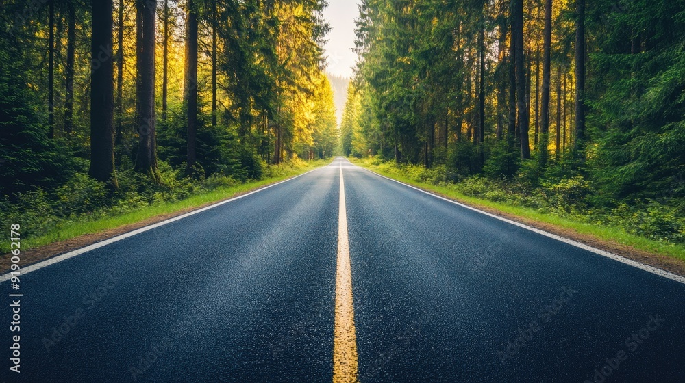 Obraz premium Serene Forest Road at Sunrise with Sunlight Filtering Through Tall Pine Trees and Freshly Paved Asphalt