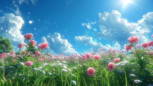 Fototapeta Naklejka Na Ścianę i Meble -  A field of peonies under a clear blue sky, bright and vivid, sun shining overhead, gentle breeze, anime style, hd quality, vibrant colors, soft lighting. --ar 16:9 --v 6.0