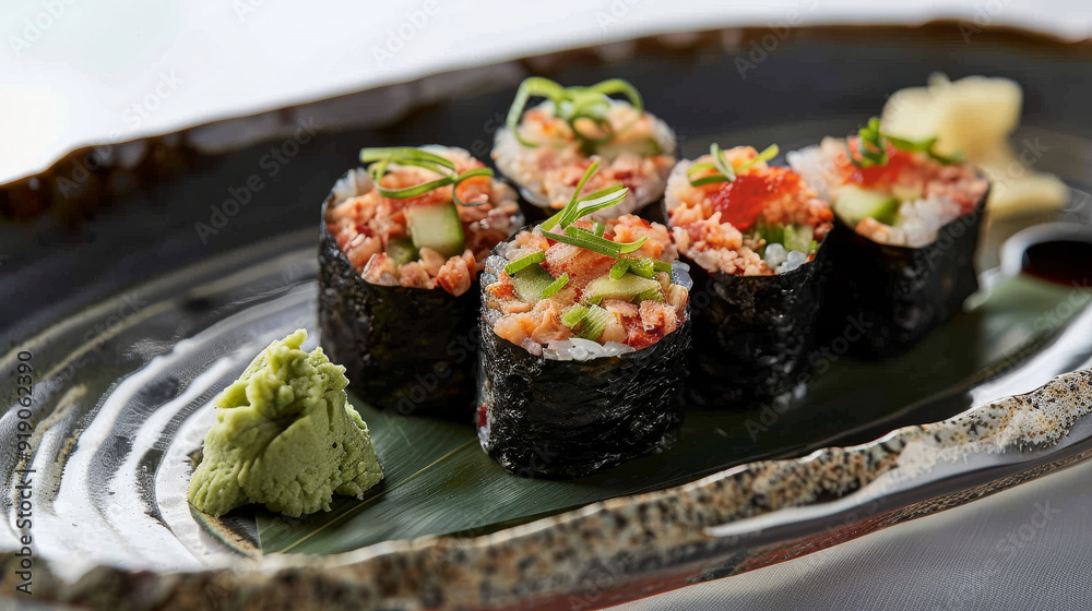 Indulge in an elegant dining experience featuring nori-wrapped sushi rolls, meticulously crafted with crab meat, creamy avocado, and spicy tuna, elegantly arranged on a fine ceramic plate Indulge in an elegant dining experience featuring nori-wrapped sushi rolls, meticulously crafted with crab meat, creamy avocado, and spicy tuna, elegantly arranged on a fine ceramic plate
