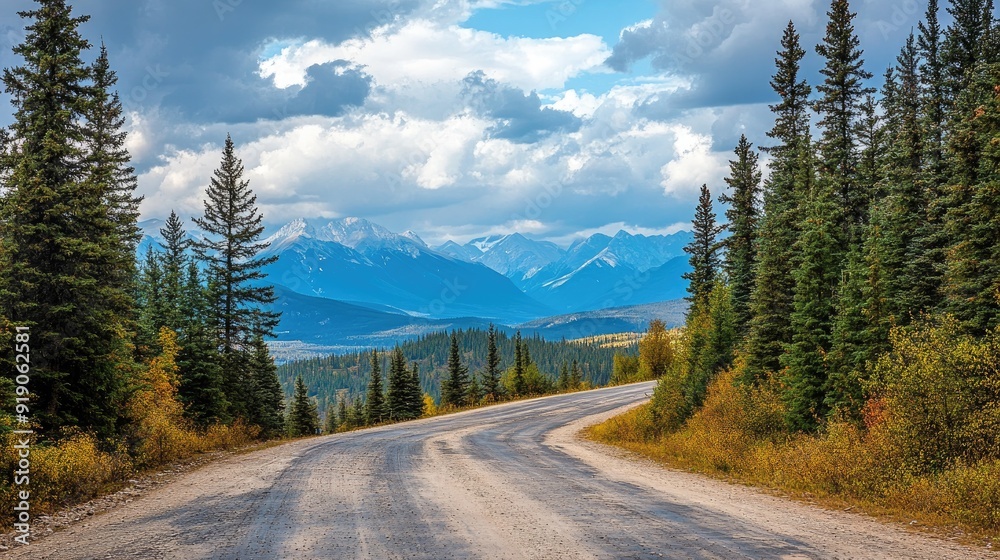 Scenic Mountain Road with Pine Trees and Majestic Mountain Range Under a Cloudy Sky