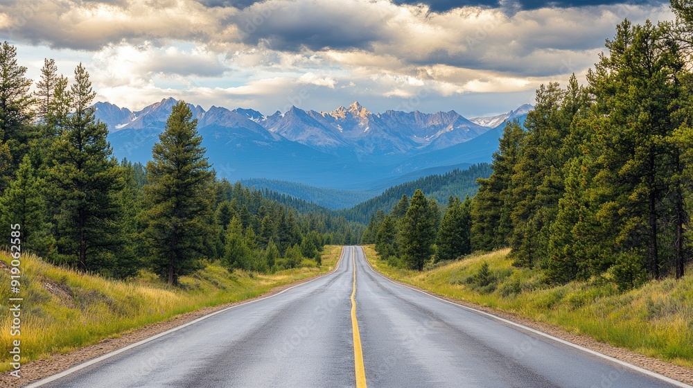 Scenic Mountain Road Leading to Majestic Snow-Capped Peaks Under a Dramatic Sky with Lush Green Forests on Both Sides Scenic Mountain Road Leading to Majestic Snow-Capped Peaks Under a Dramatic Sky with Lush Green Forests on Both Sides