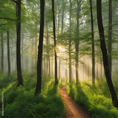 Energizing Morning Walk Through Dew-Covered Forest