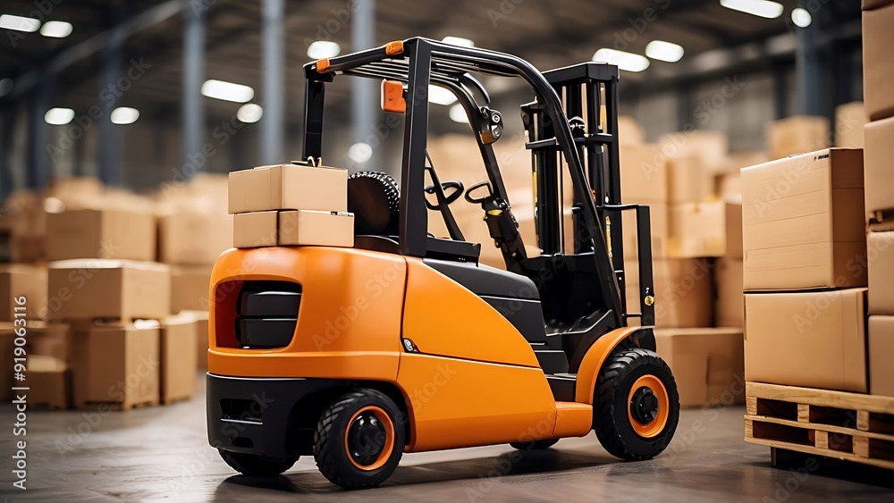 forklift truck lifting wooden pallet cartoon boxes in a warehouse full of containers and packages