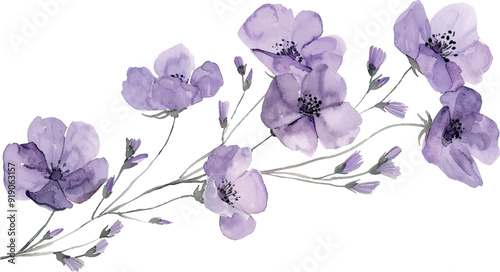 watercolor flowers, hand painting, purple violet 