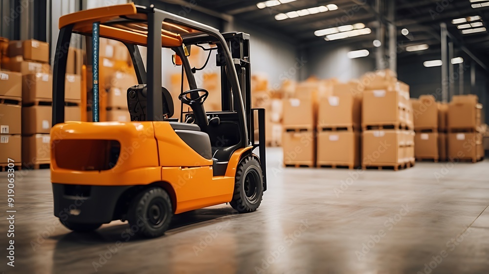 forklift truck lifting wooden pallet cartoon boxes in a warehouse full of containers and packages