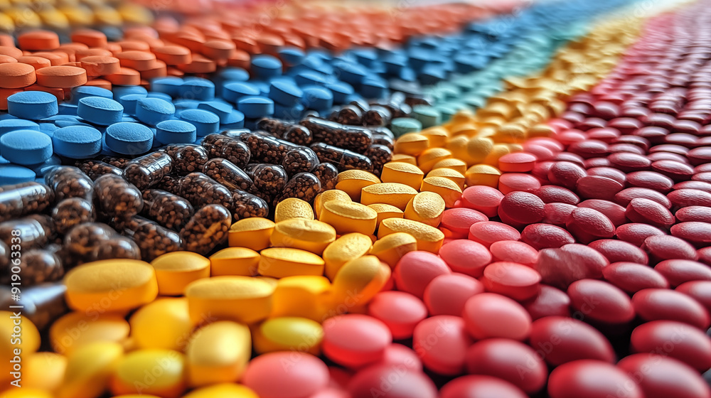 Fototapeta premium Colorful pills and capsules on colorful background, close-up.