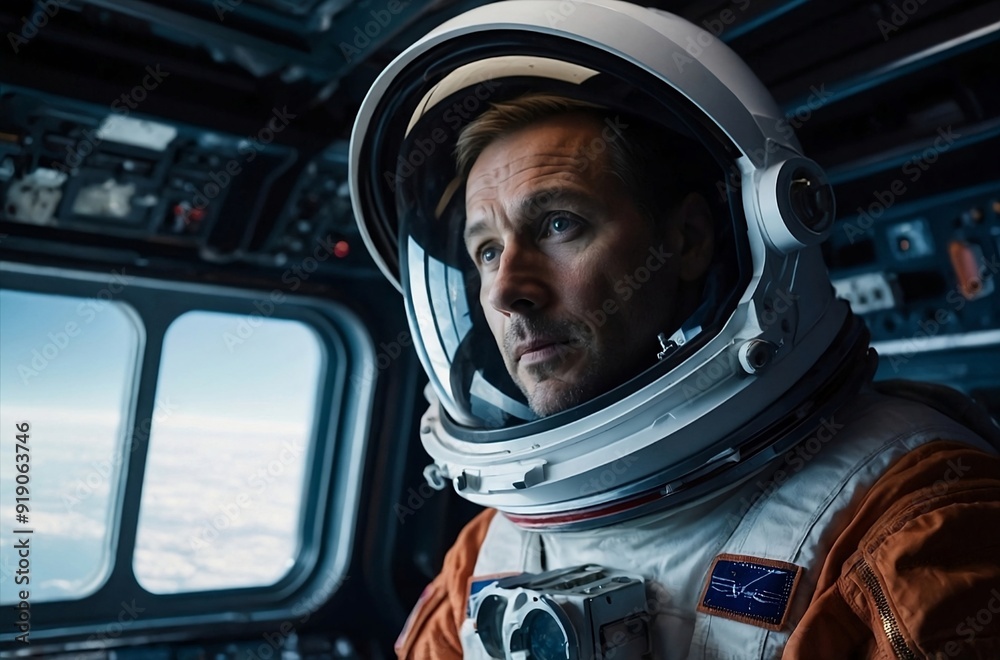 A massive astronaut peers through the illuminator, they can't help but feel a sense of excitement and curiosity at the unknown interior of the spaceship. A massive astronaut peers through the illuminator, they can't help but feel a sense of excitement and curiosity at the unknown interior of the spaceship.